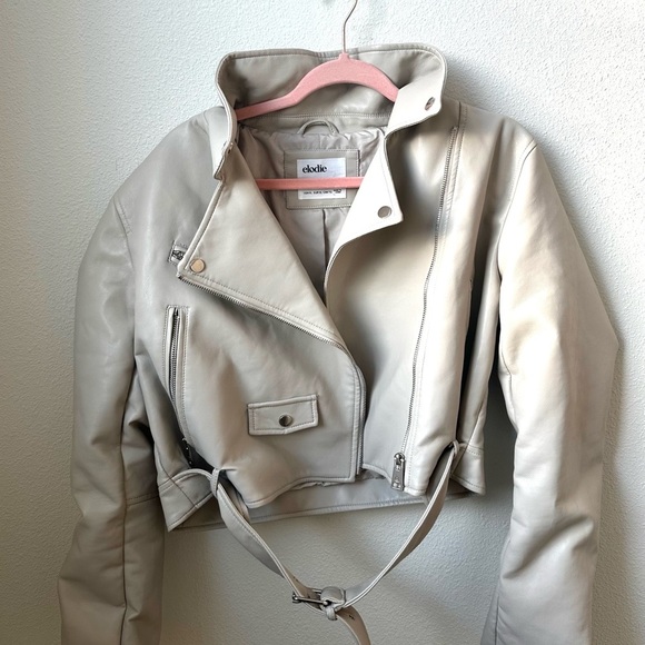 Elodie Jackets & Blazers - Elodie Cream Faux Leather Moto Jacket XL Cropped Biker Zip Belted
